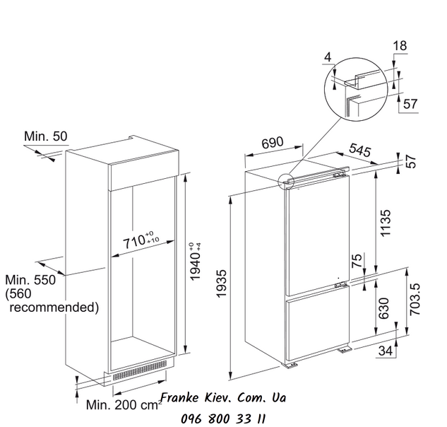 🟥 Встраиваемый холодильник Franke FCB 400 TNF NE E (118.0705.155) 401 літр, H-1935 L-690 инверторный компрессор